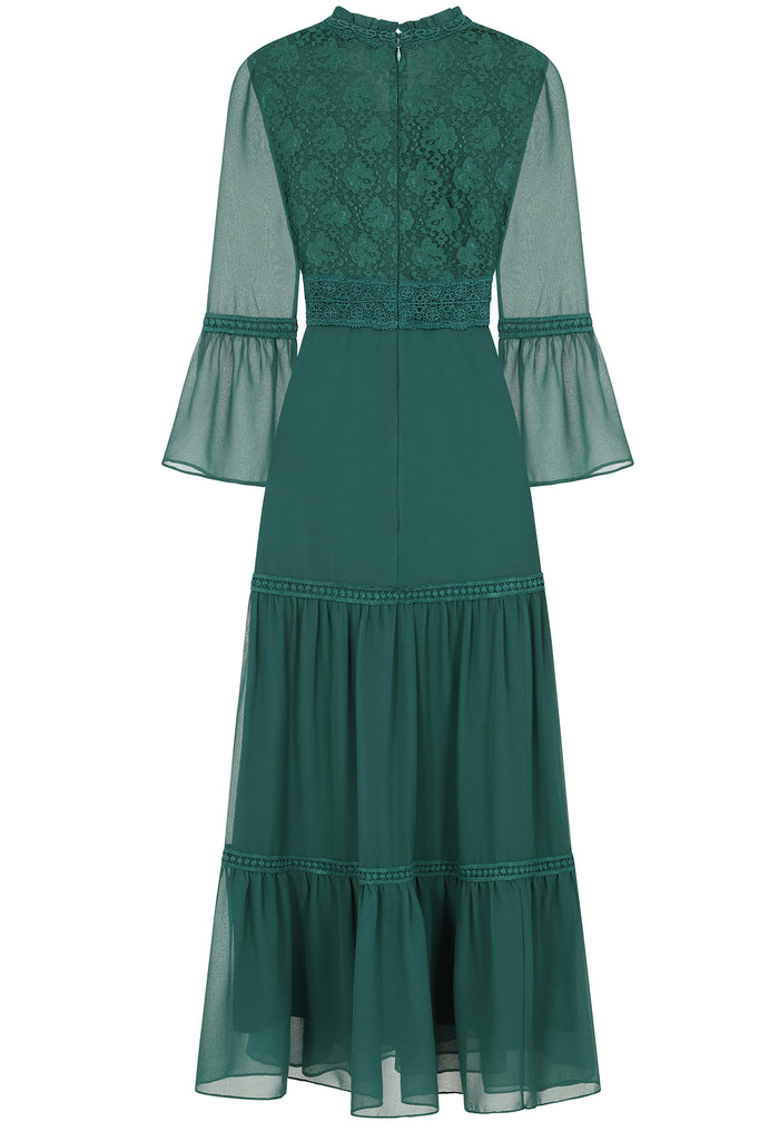 Nerina Tiered Midi Dress with Lace Panels - Alpine Green