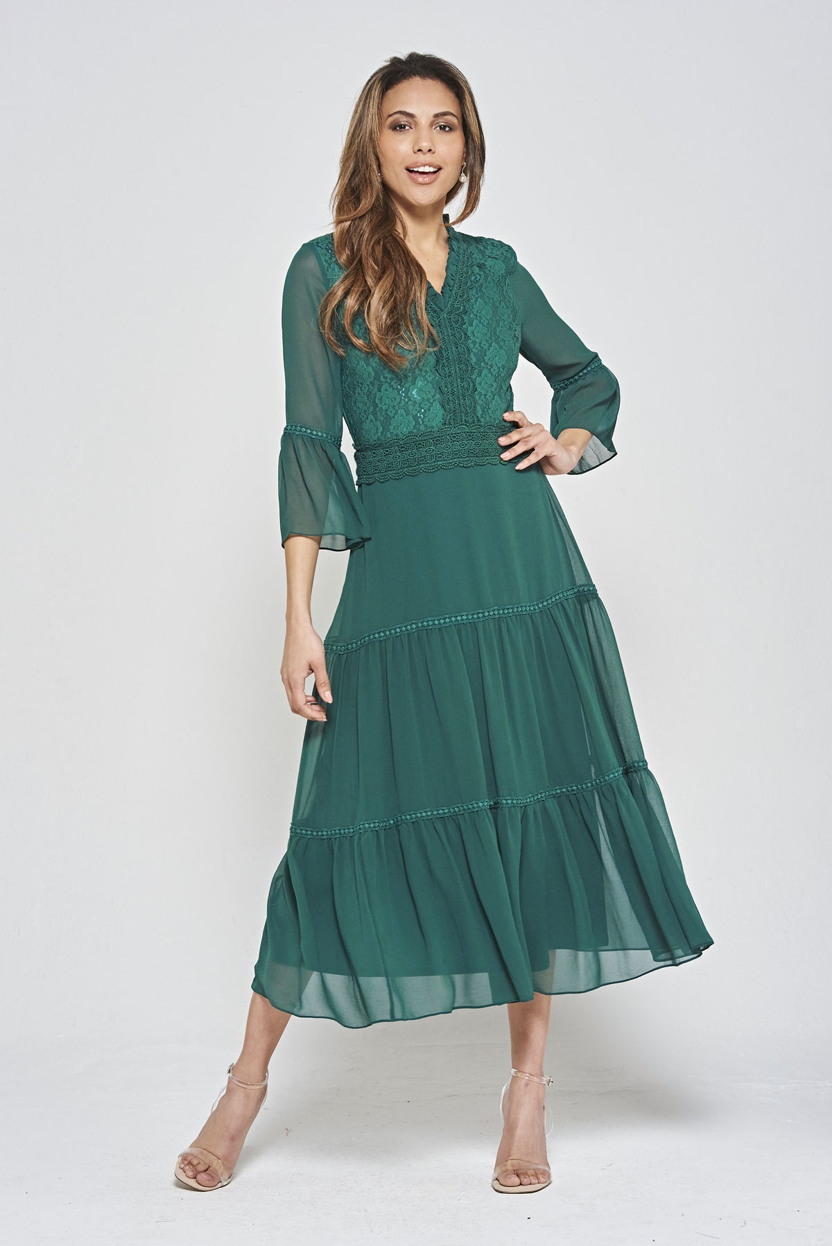 Nerina Alpine Green Tiered Midaxi Dress with Lace Panels Frock and Frill Nerina Alpine Green Tiered Midaxi Dress with Lace Panels Frock and Frill