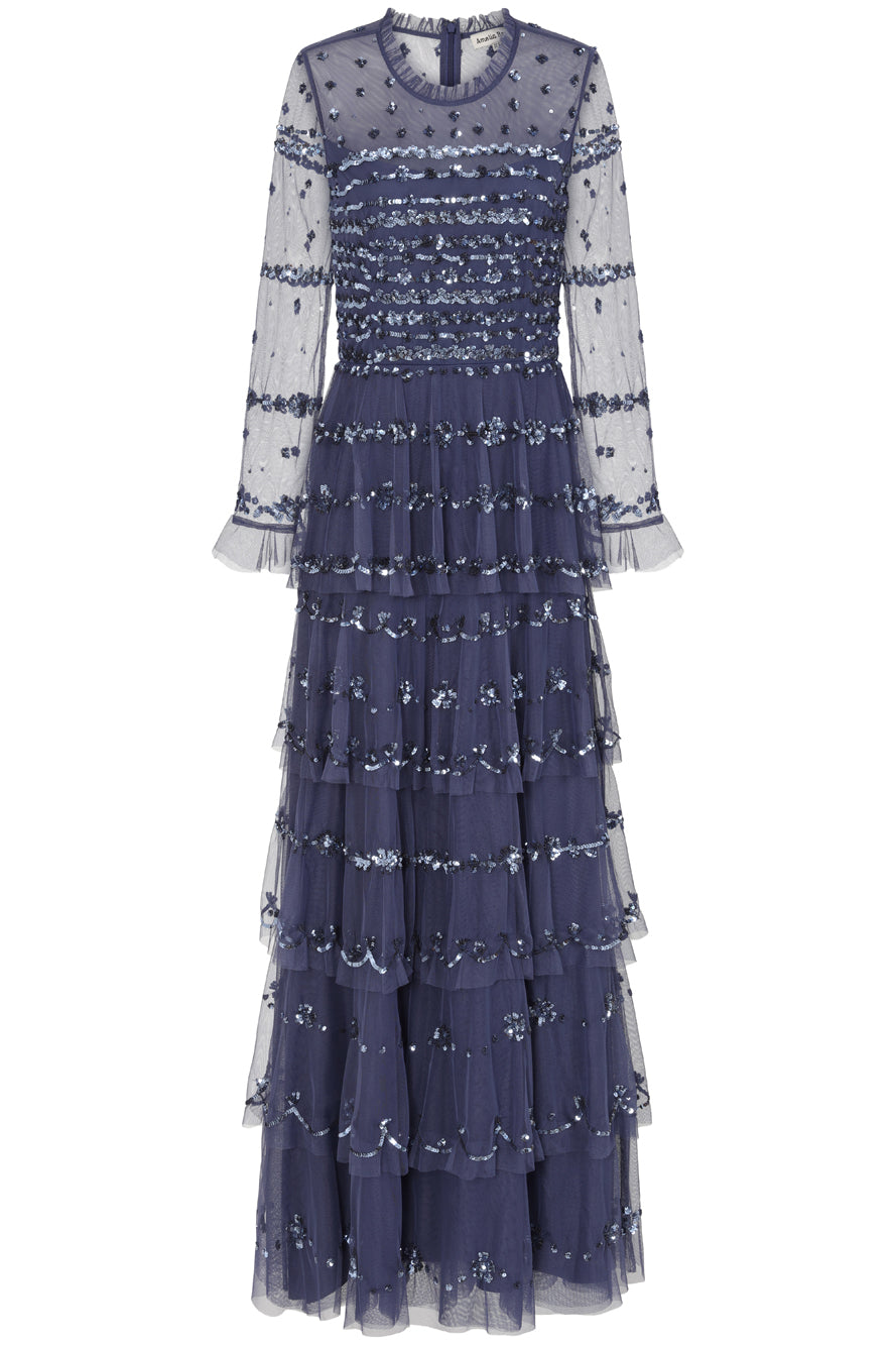 Nerissa dusty navy blue sequin tiered maxi dress with full-length sleeves, perfect for weddings, black tie balls and formal occasions. 