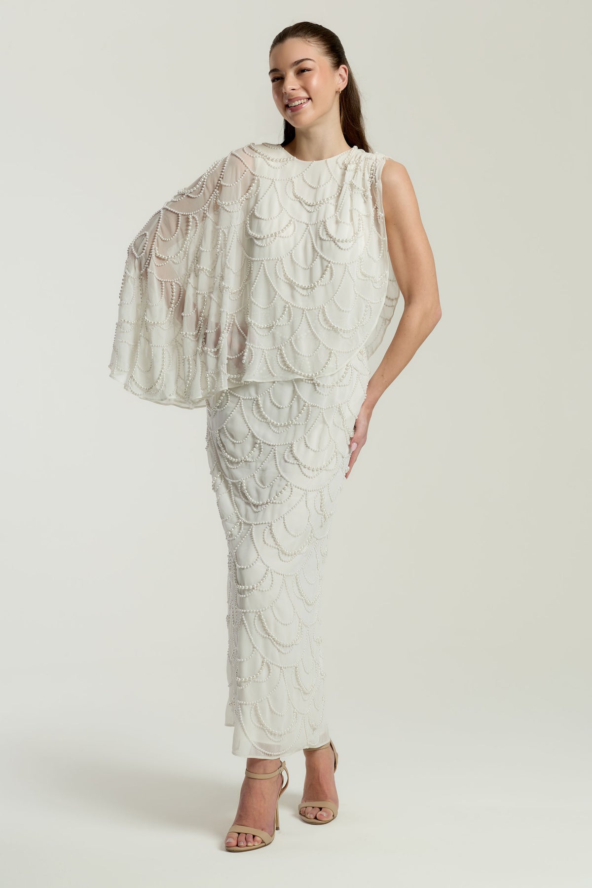 Neva White Embellished Asymmetric Cape Sleeve Midaxi Dress Frock and Frill Neva White Embellished Asymmetric Cape Sleeve Midaxi Dress Frock and Frill