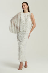 Neva White Embellished Asymmetric Cape Sleeve Maxi Dress – midaxi-length wedding or formal evening gown with flowing cape overlay and delicate embellishments