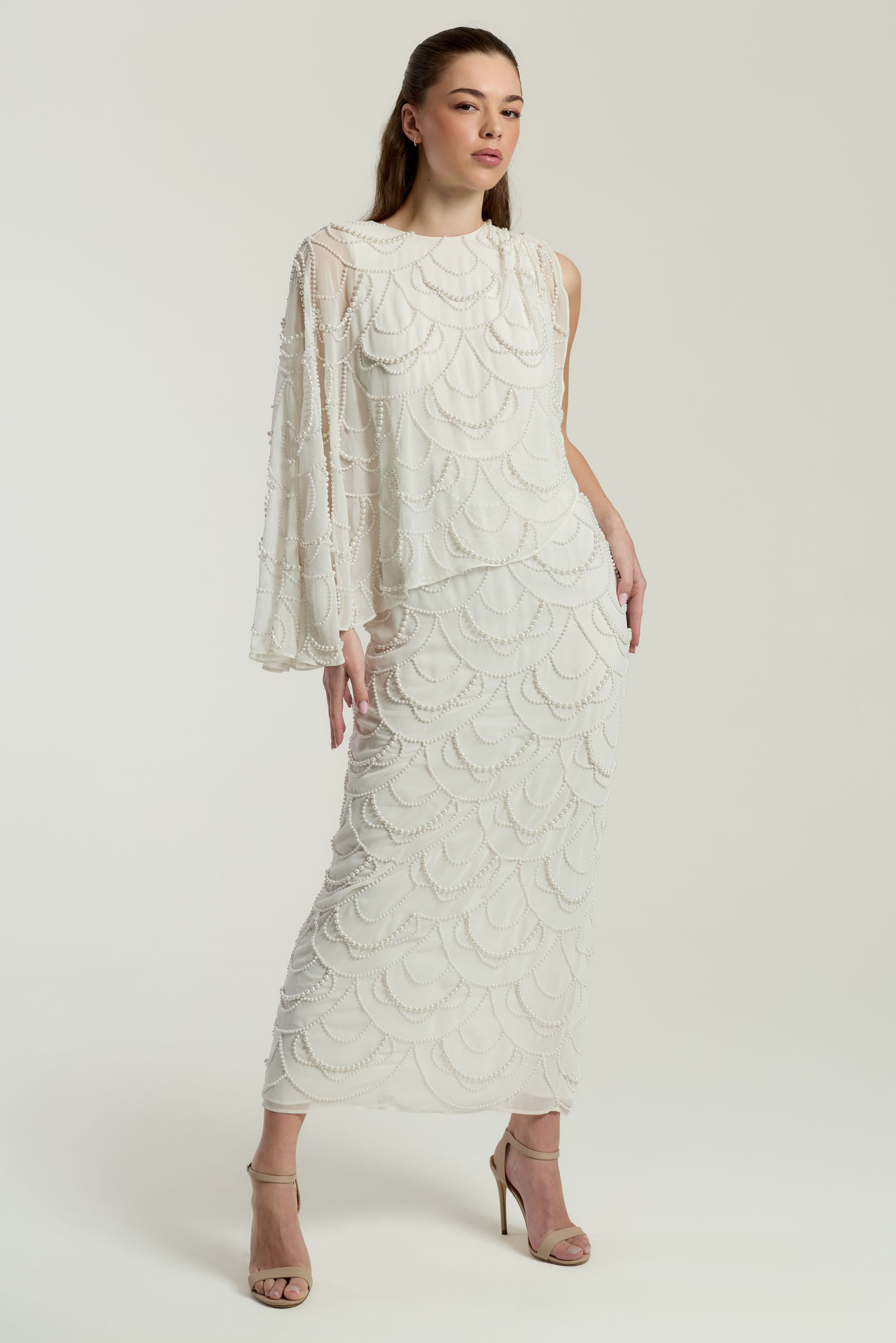 embellished asymmetric maxi dress in white Embellished Backless Maxi Dress in White