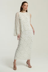 Neva White Embellished Asymmetric Cape Sleeve Maxi Dress – midaxi-length wedding or formal evening gown with flowing cape overlay and delicate embellishments