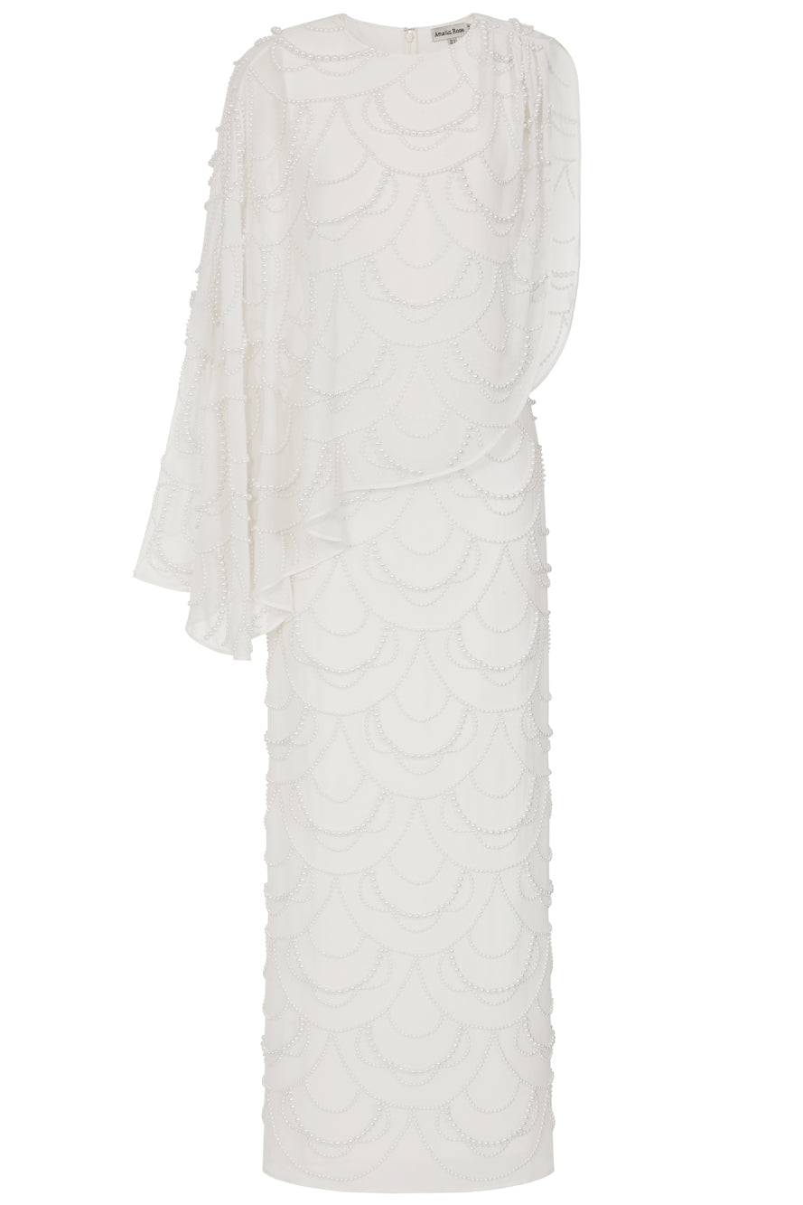 Neva White Embellished Asymmetric Cape Sleeve Midaxi Dress Frock and Frill Neva White Embellished Asymmetric Cape Sleeve Midaxi Dress Frock and Frill