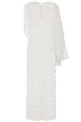 Neva White Embellished Asymmetric Cape Sleeve Maxi Dress – midaxi-length wedding or formal evening gown with flowing cape overlay and delicate embellishments