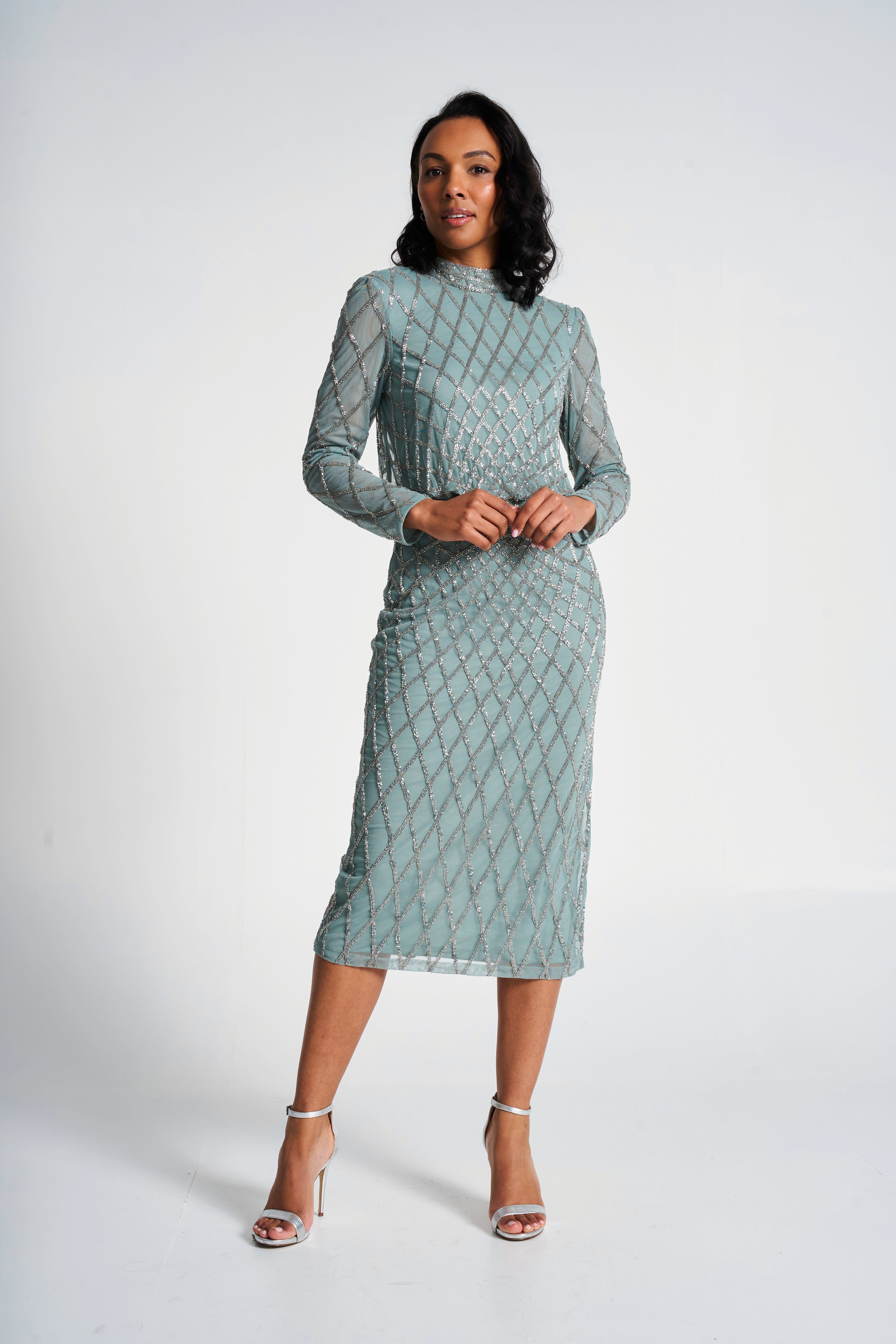 Nina Sage Green Embellished Midi Dress