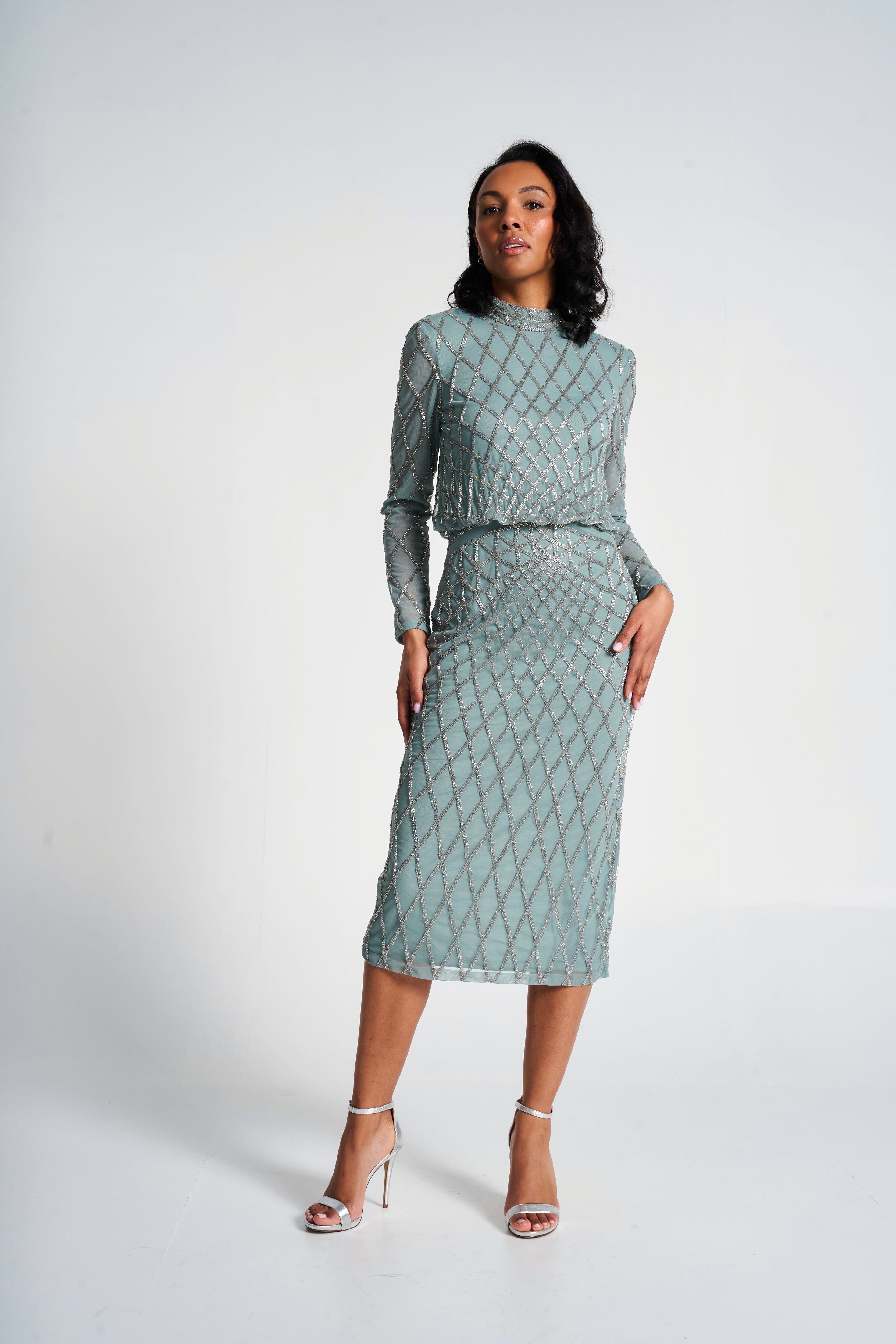 Nina Sage Green Embellished Midi Dress