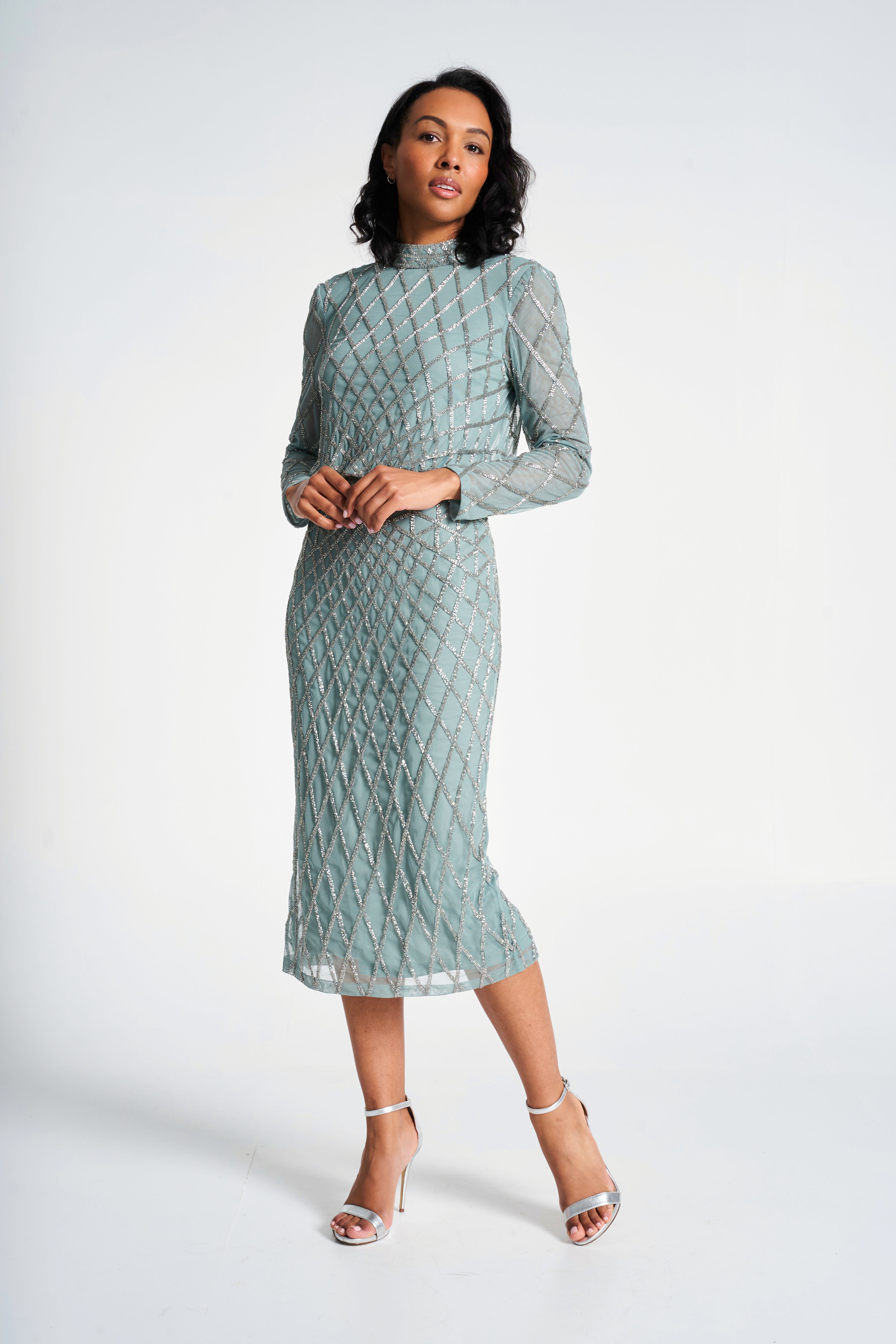 Nina Sage Green Embellished Midi Dress