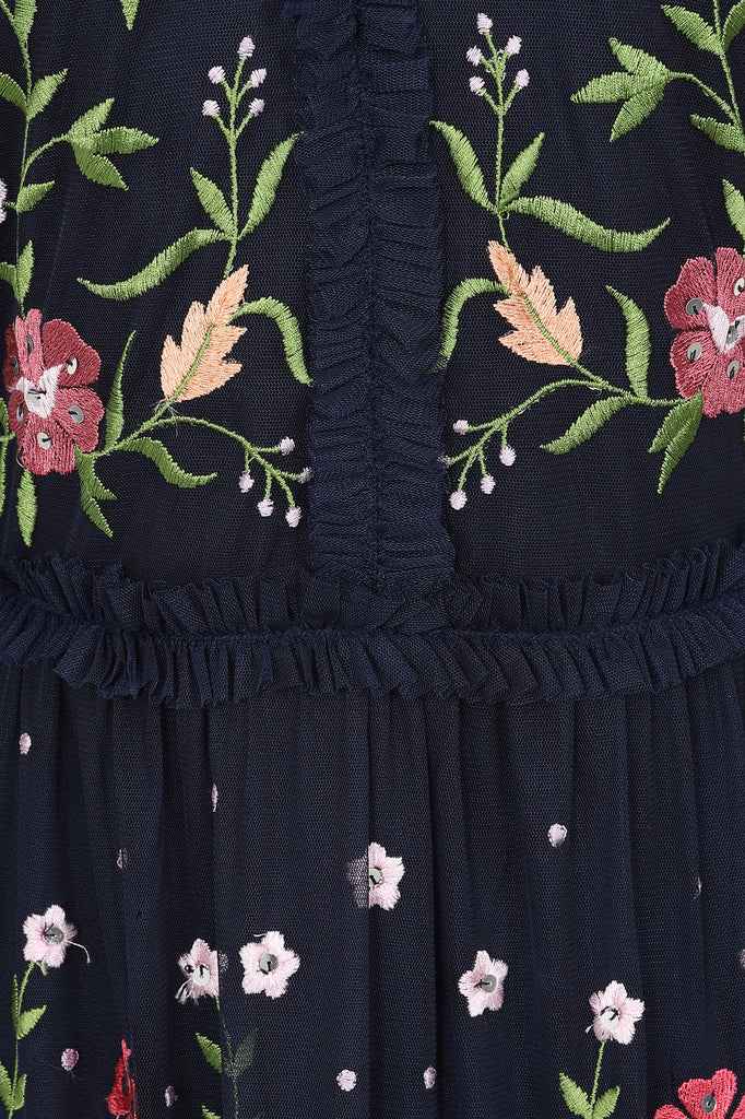 Nydia Floral Embroidered Maxi Dress in Navy