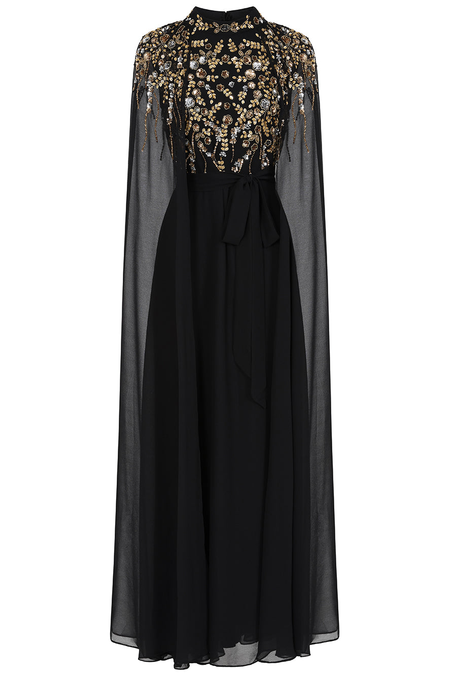 Octavia Black Embellished Cape Sleeve Maxi Dress – Frock and Frill