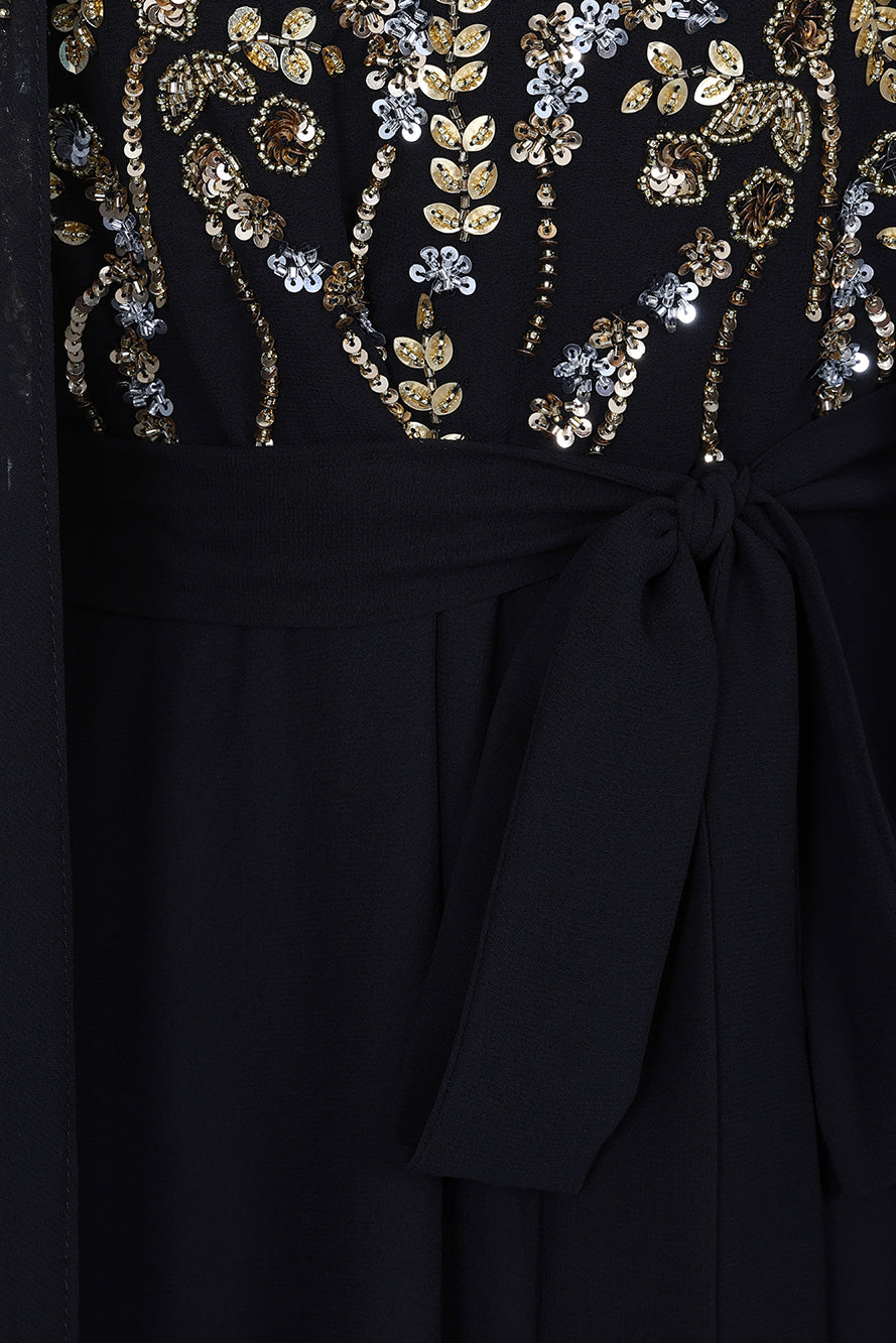 Octavia Black Embellished Cape Sleeve Maxi Dress