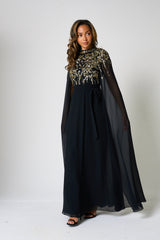 Octavia Black Embellished Cape Sleeve Maxi Dress