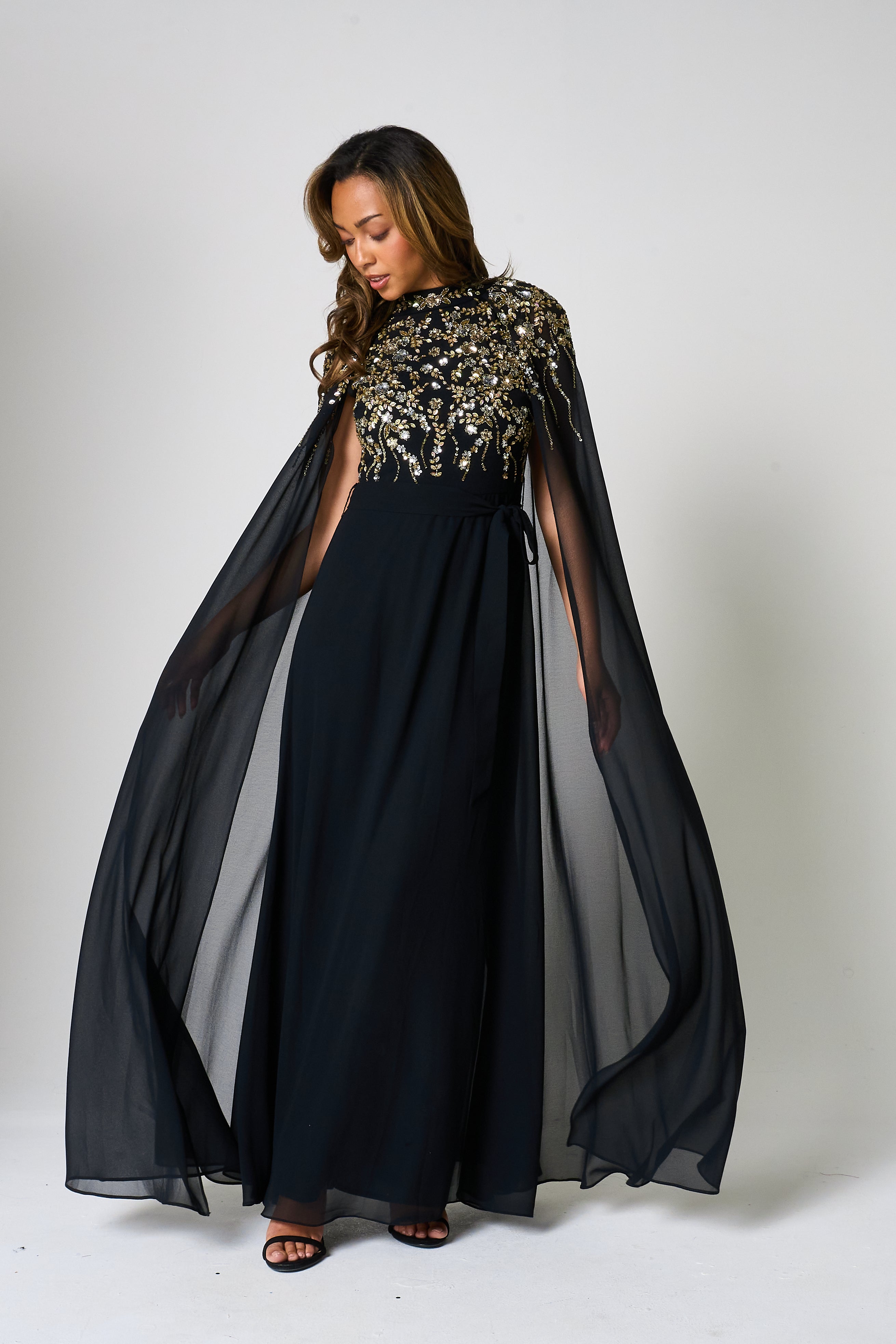 black maxi cape dress Chessa | Black Slashed-Neck Maxi Dress With Sheer Cape