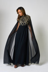 Octavia Black Embellished Cape Sleeve Maxi Dress