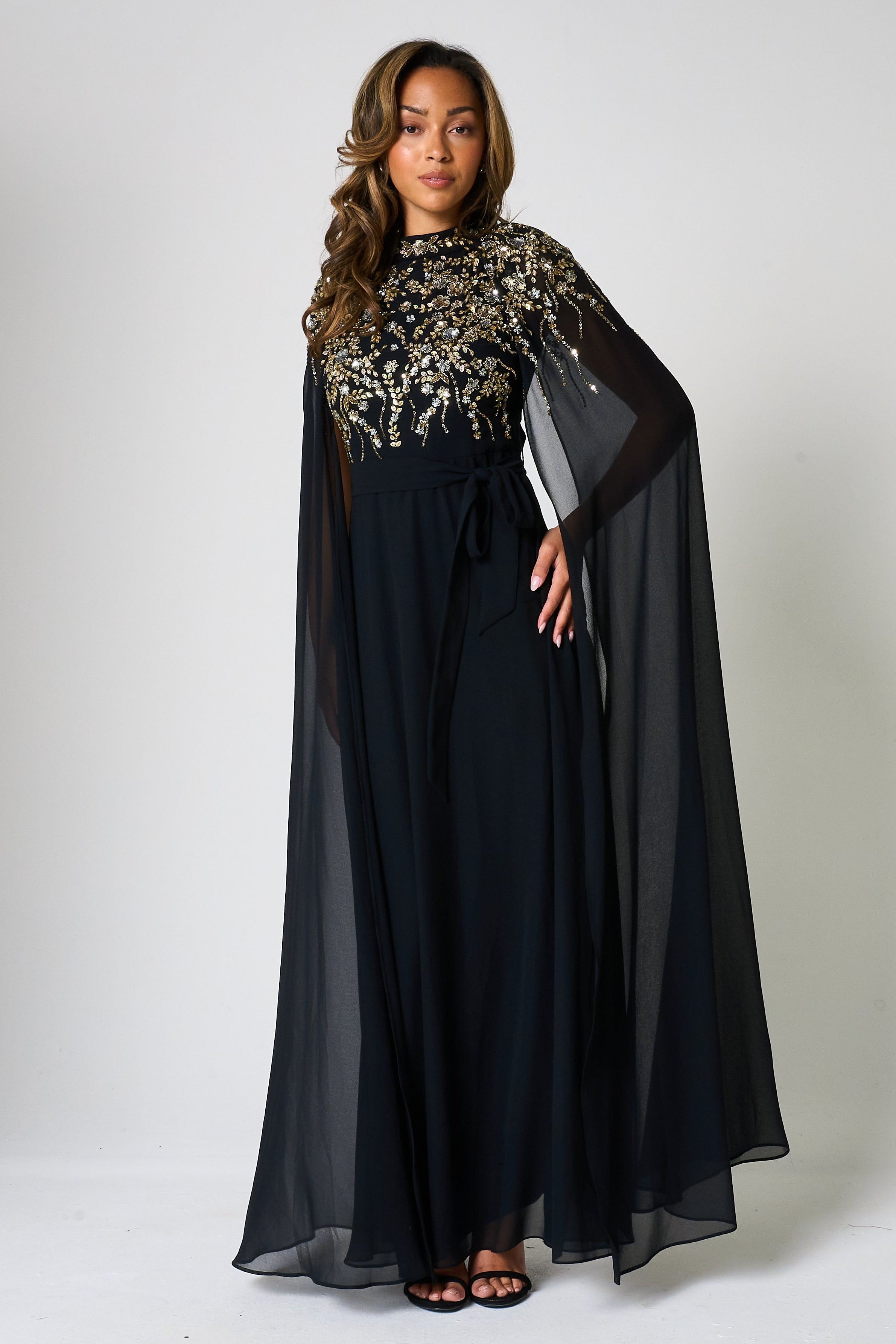 Octavia Black Embellished Cape Sleeve Maxi Dress