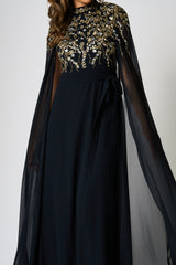 Octavia Black Embellished Cape Sleeve Maxi Dress