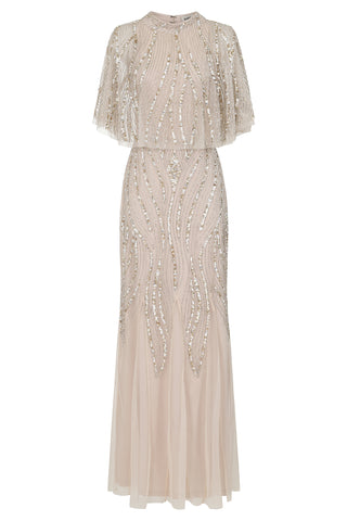 Ora Cape Detail Embellished Maxi Dress - Nude