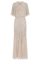 Ora Cape Detail Embellished Maxi Dress - Nude