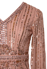 Oriana peach-blush embellished cape sleeve maxi dress with flowing cape sleeves and modest silhouette, ideal for weddings, formal occasions and evening events.