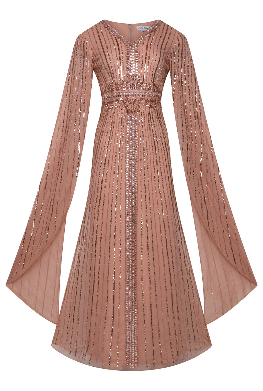 Oriana peach-blush embellished cape sleeve maxi dress with flowing cape sleeves and modest silhouette, ideal for weddings, formal occasions and evening events.