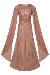 Oriana peach-blush embellished cape sleeve maxi dress with flowing cape sleeves and modest silhouette, ideal for weddings, formal occasions and evening events.