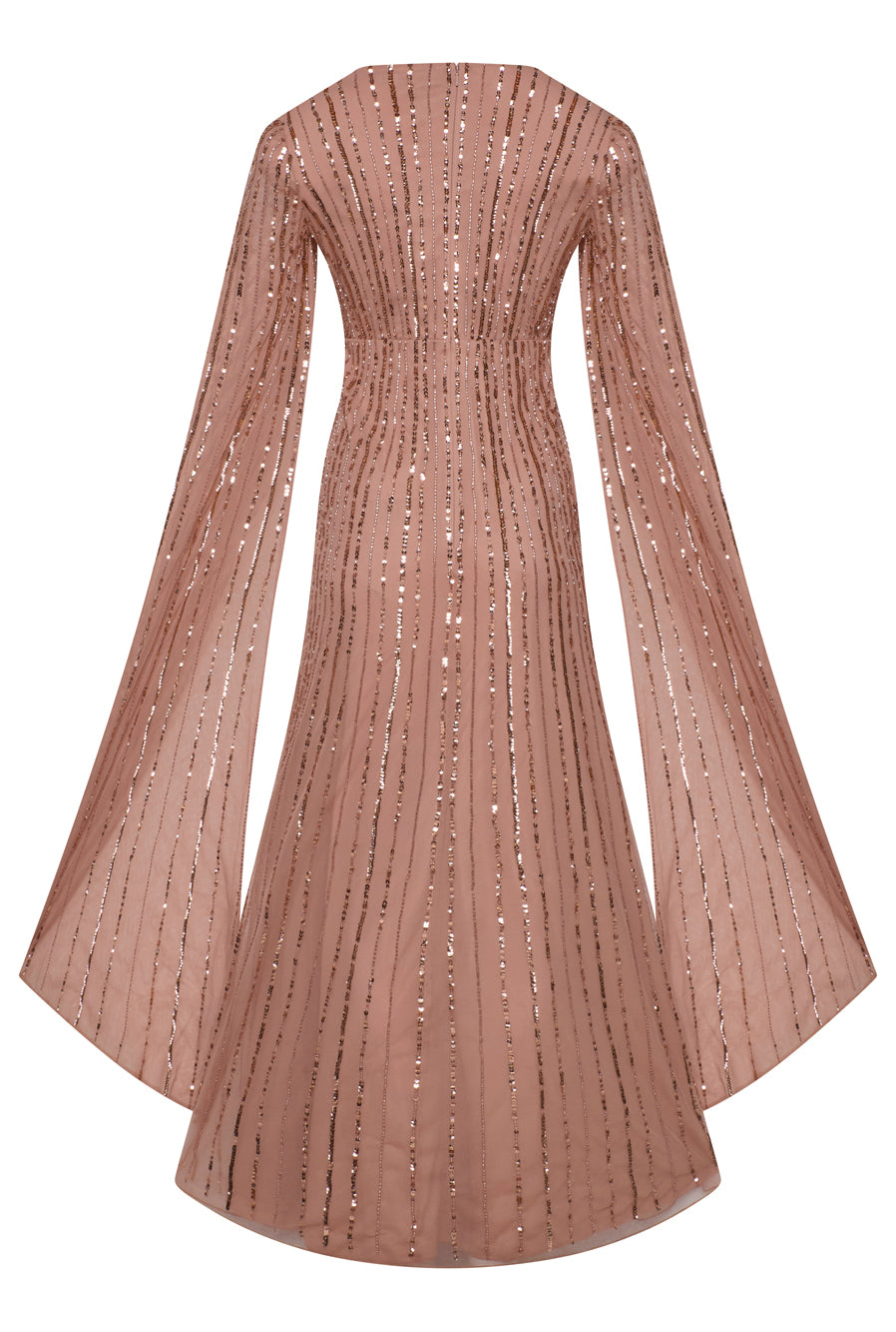 Oriana peach-blush embellished cape sleeve maxi dress with flowing cape sleeves and modest silhouette, ideal for weddings, formal occasions and evening events.