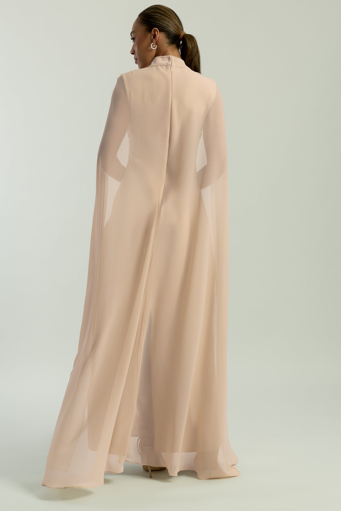 Paloma nude embellished maxi dress by Frock and Frill with sheer mesh cape and high neckline