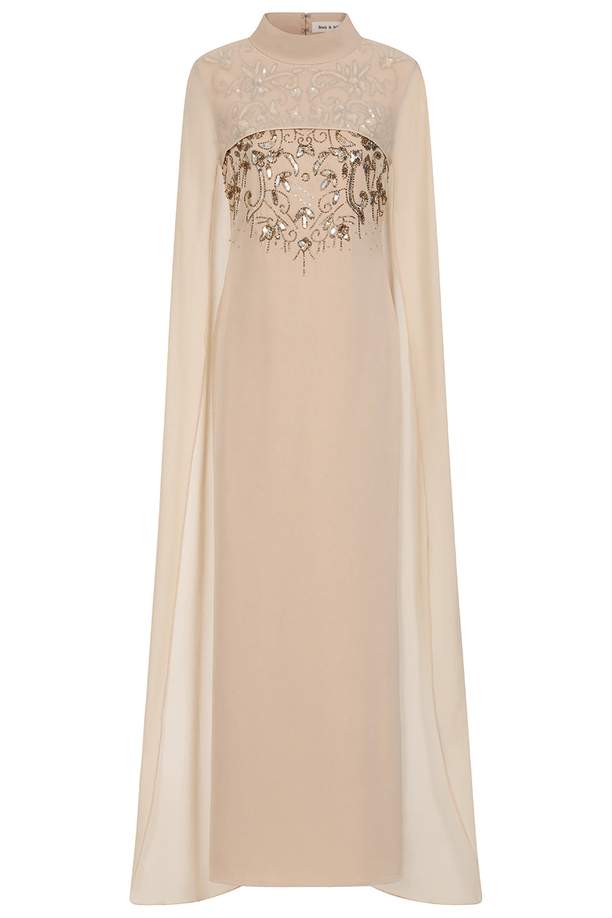 Paloma nude embellished maxi dress by Frock and Frill with sheer mesh cape and high neckline