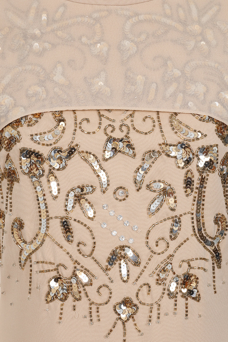 Paloma nude embellished maxi dress by Frock and Frill with sheer mesh cape and high neckline