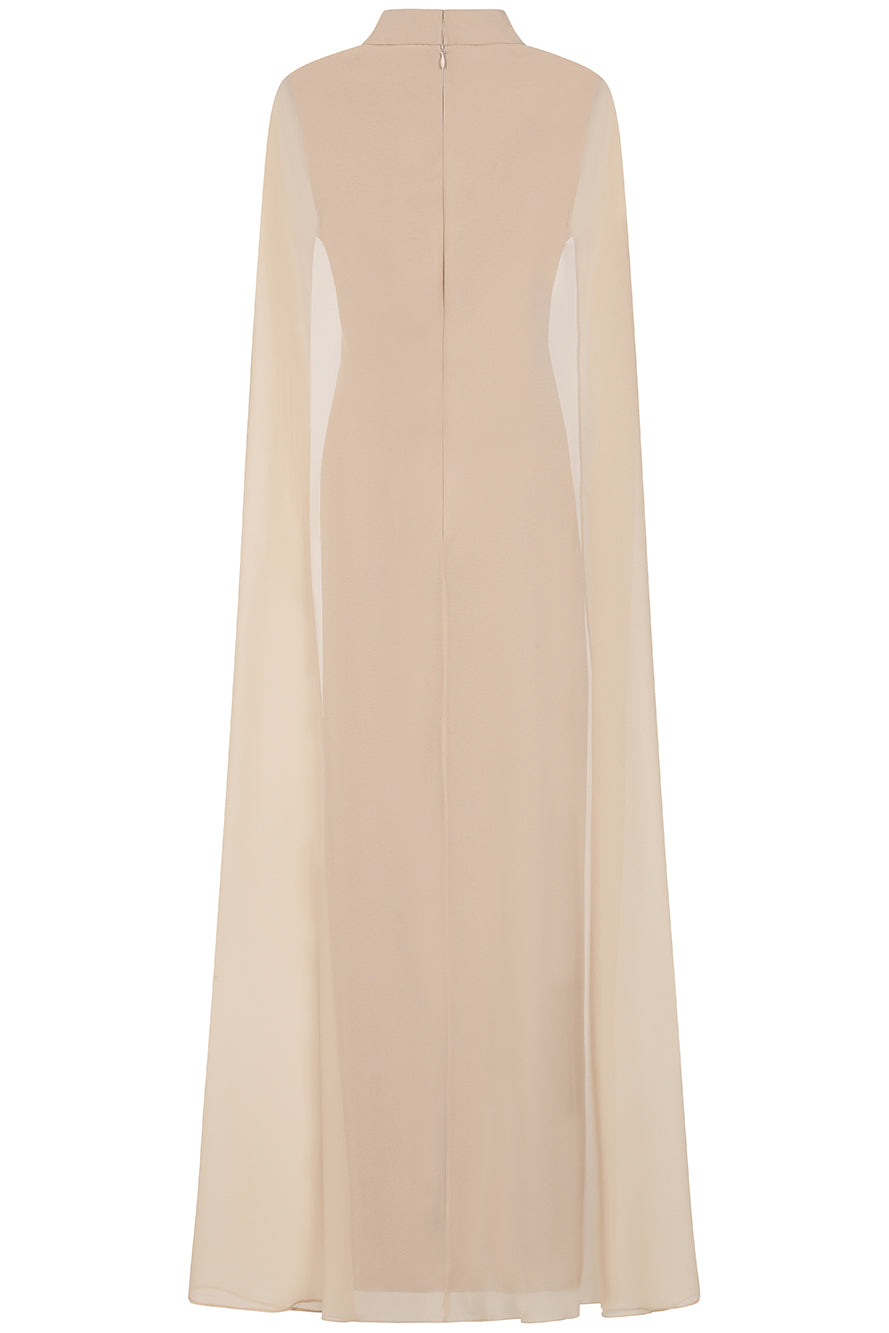 Paloma nude embellished maxi dress by Frock and Frill with sheer mesh cape and high neckline