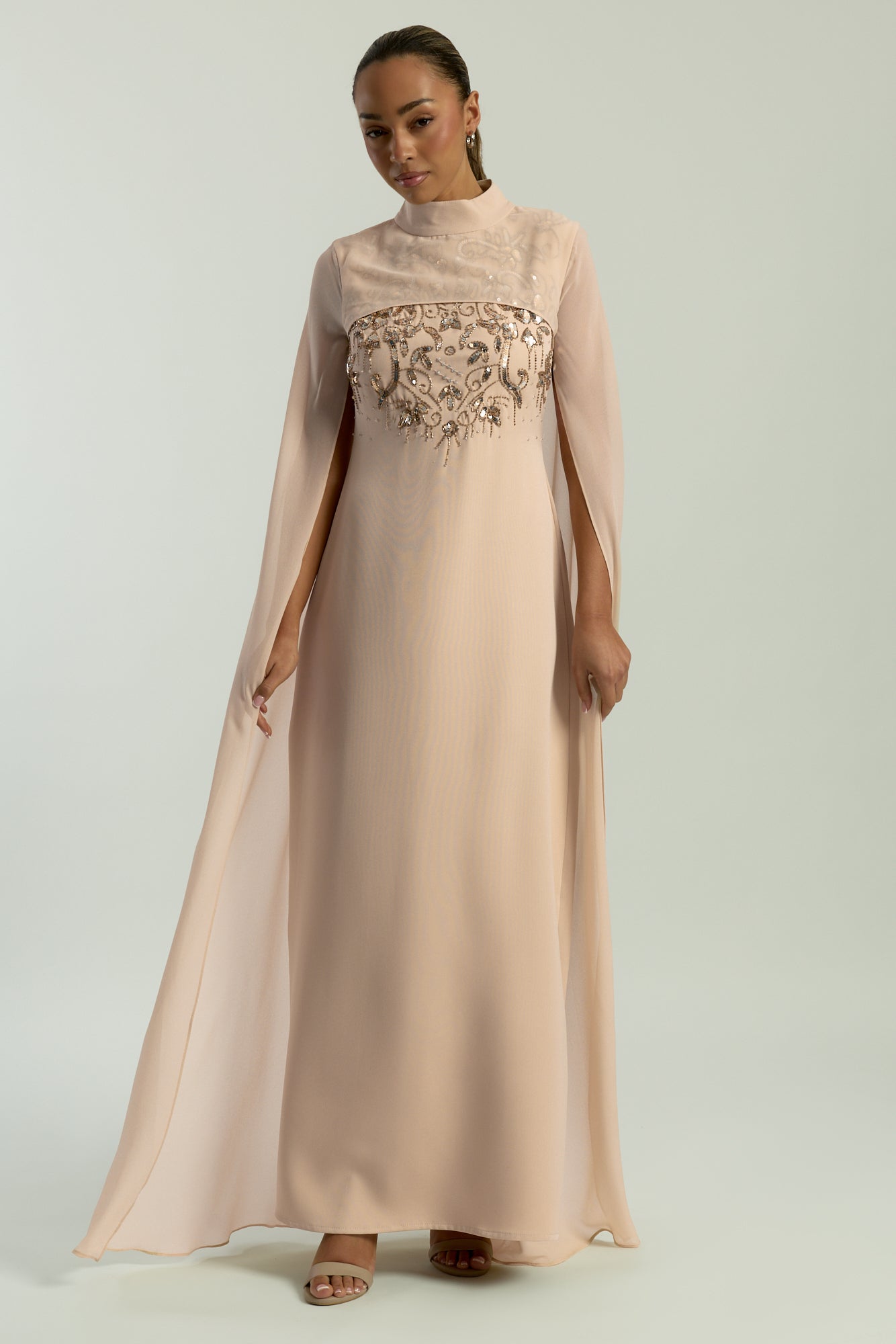 Paloma nude embellished maxi dress by Frock and Frill with sheer mesh cape and high neckline