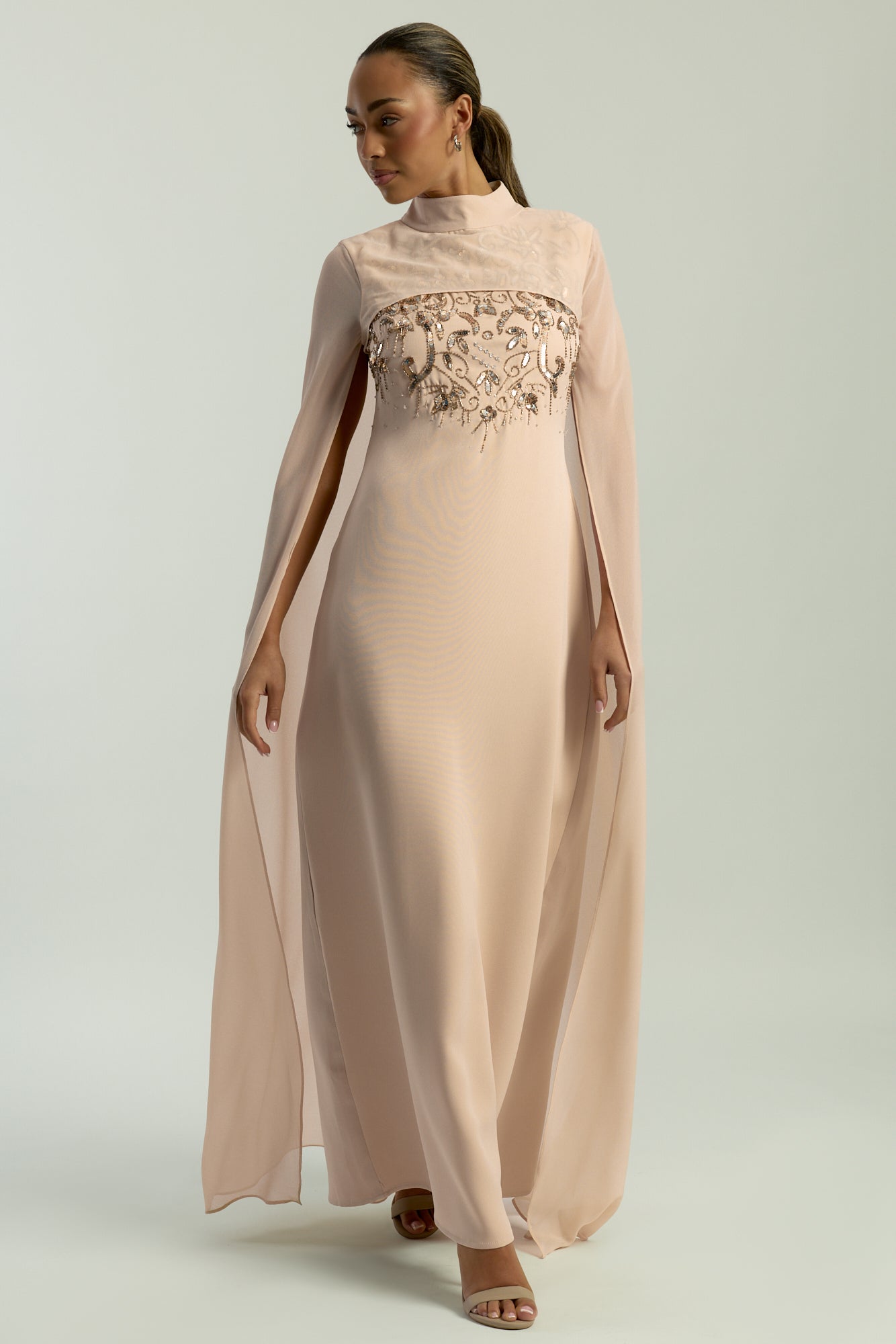 Paloma nude embellished maxi dress by Frock and Frill with sheer mesh cape and high neckline