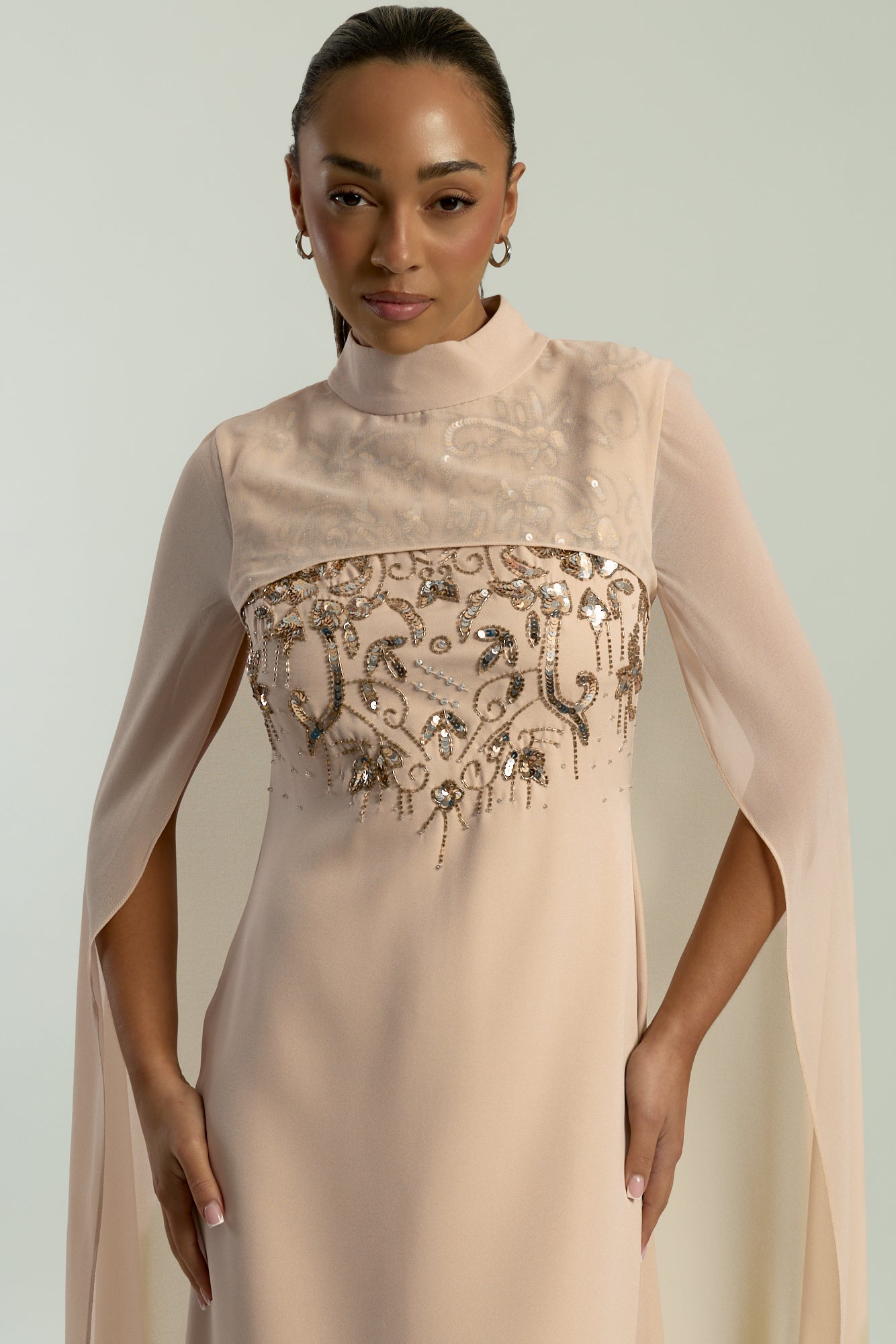 Paloma nude embellished maxi dress by Frock and Frill with sheer mesh cape and high neckline