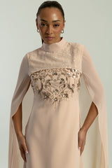 Paloma nude embellished maxi dress by Frock and Frill with sheer mesh cape and high neckline