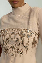 Paloma nude embellished maxi dress by Frock and Frill with sheer mesh cape and high neckline