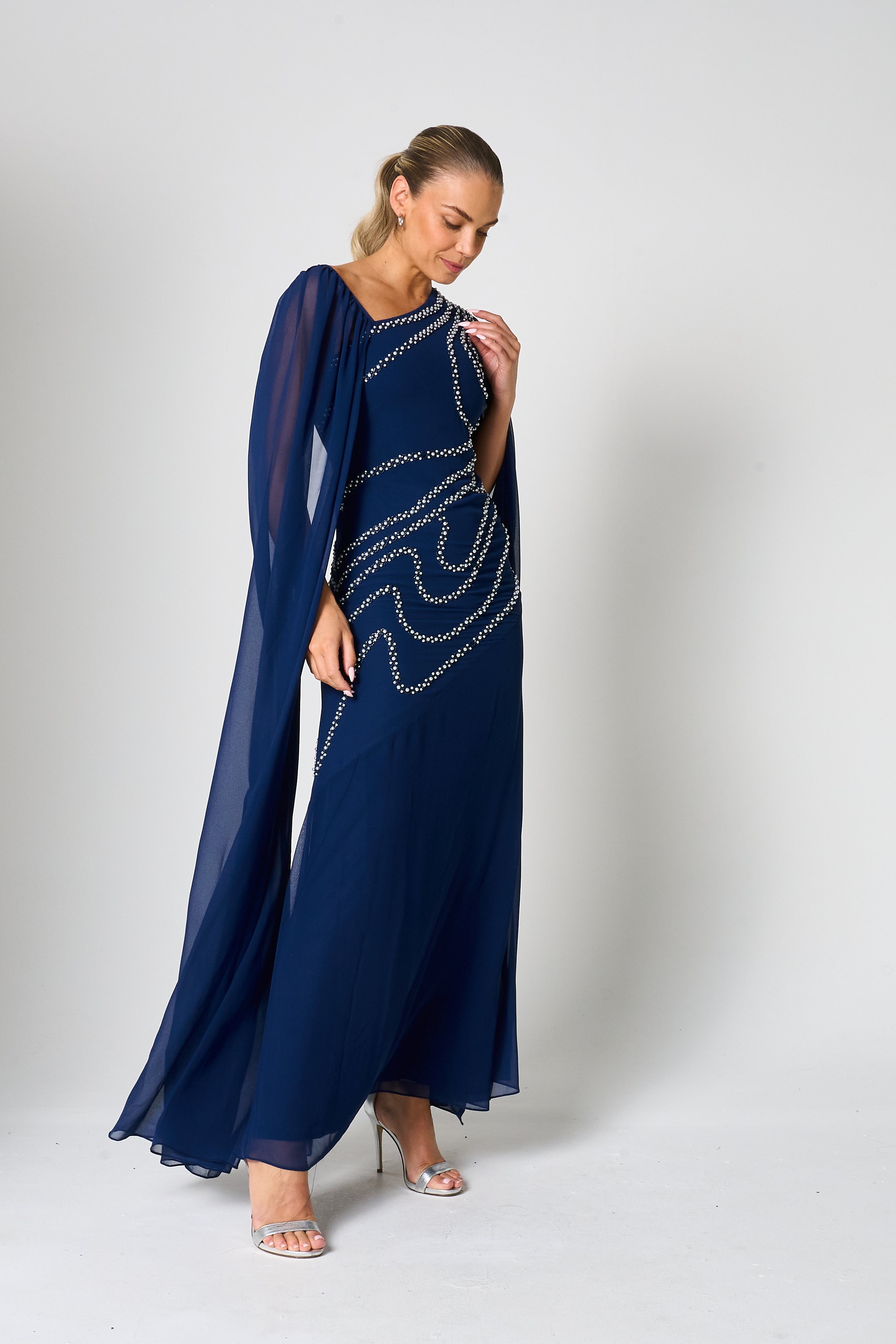 Patricia Navy Embellished Cape Sleeve Maxi Dress 