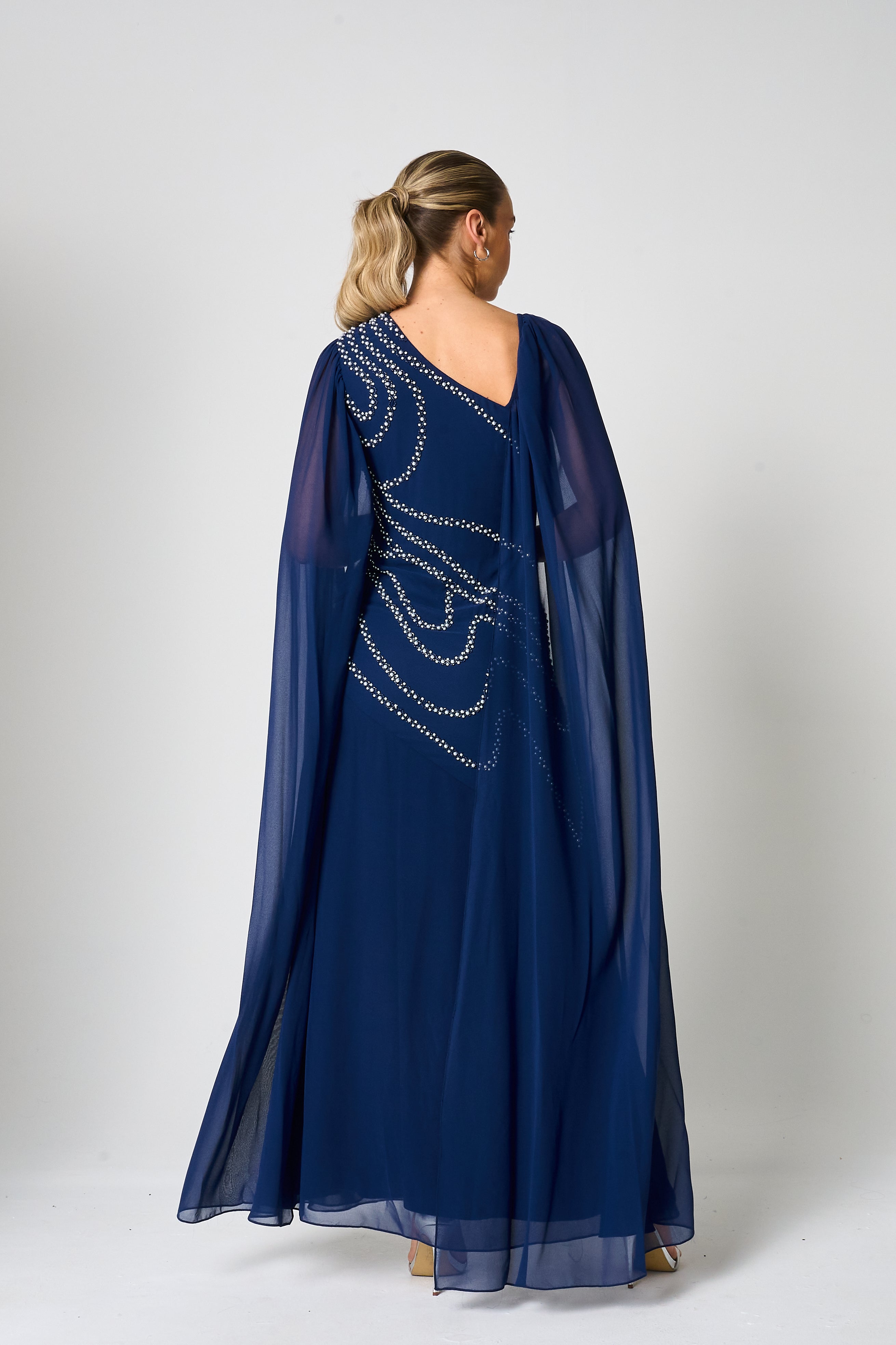 Patricia Navy Embellished Cape Sleeve Maxi Dress 