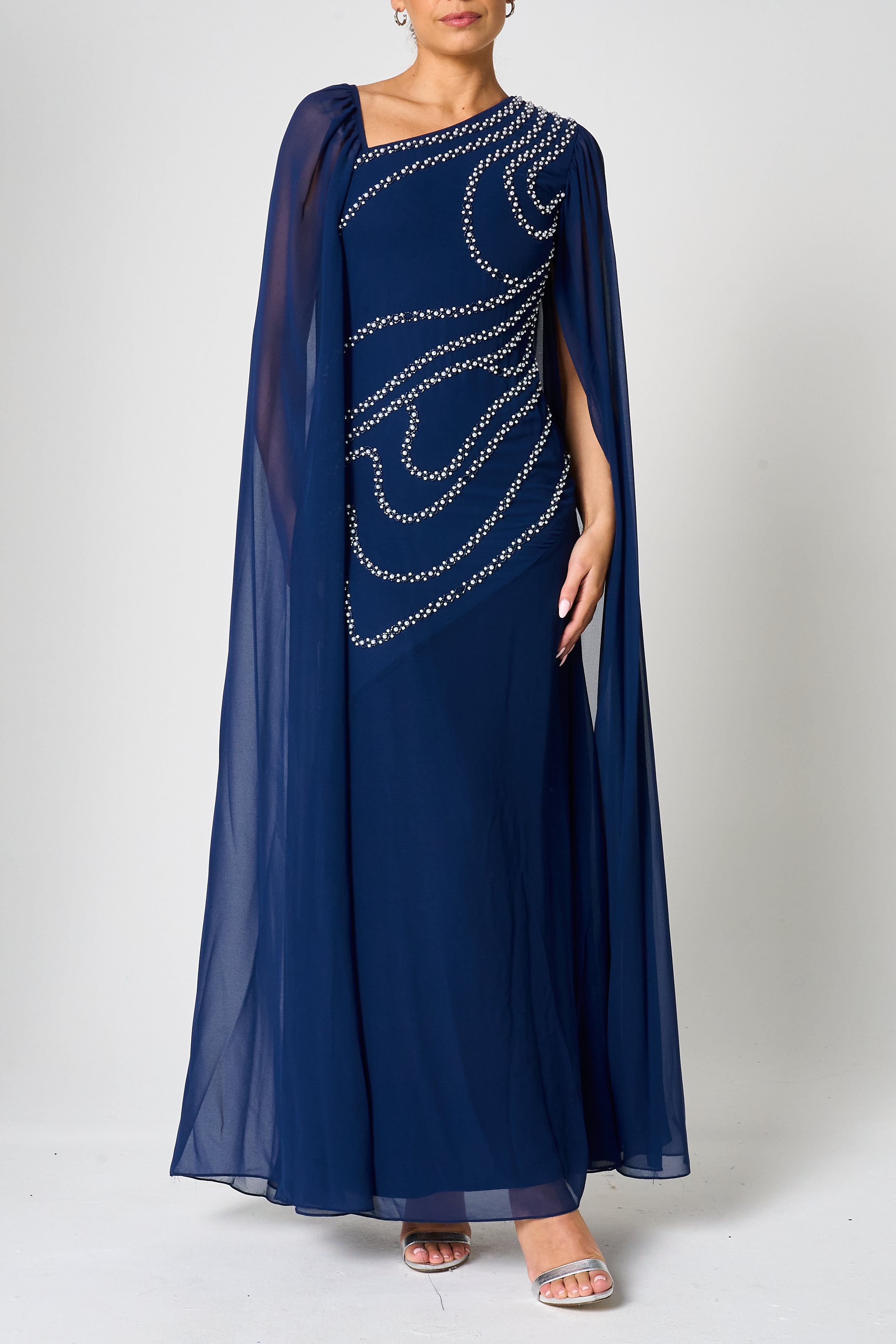 Patricia Navy Embellished Cape Sleeve Maxi Dress 