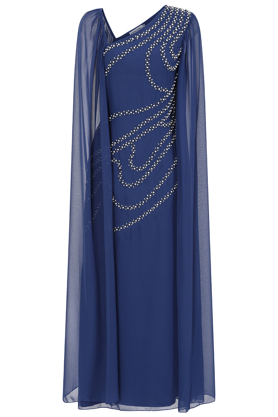Patricia Navy Embellished Cape Sleeve Maxi Dress 