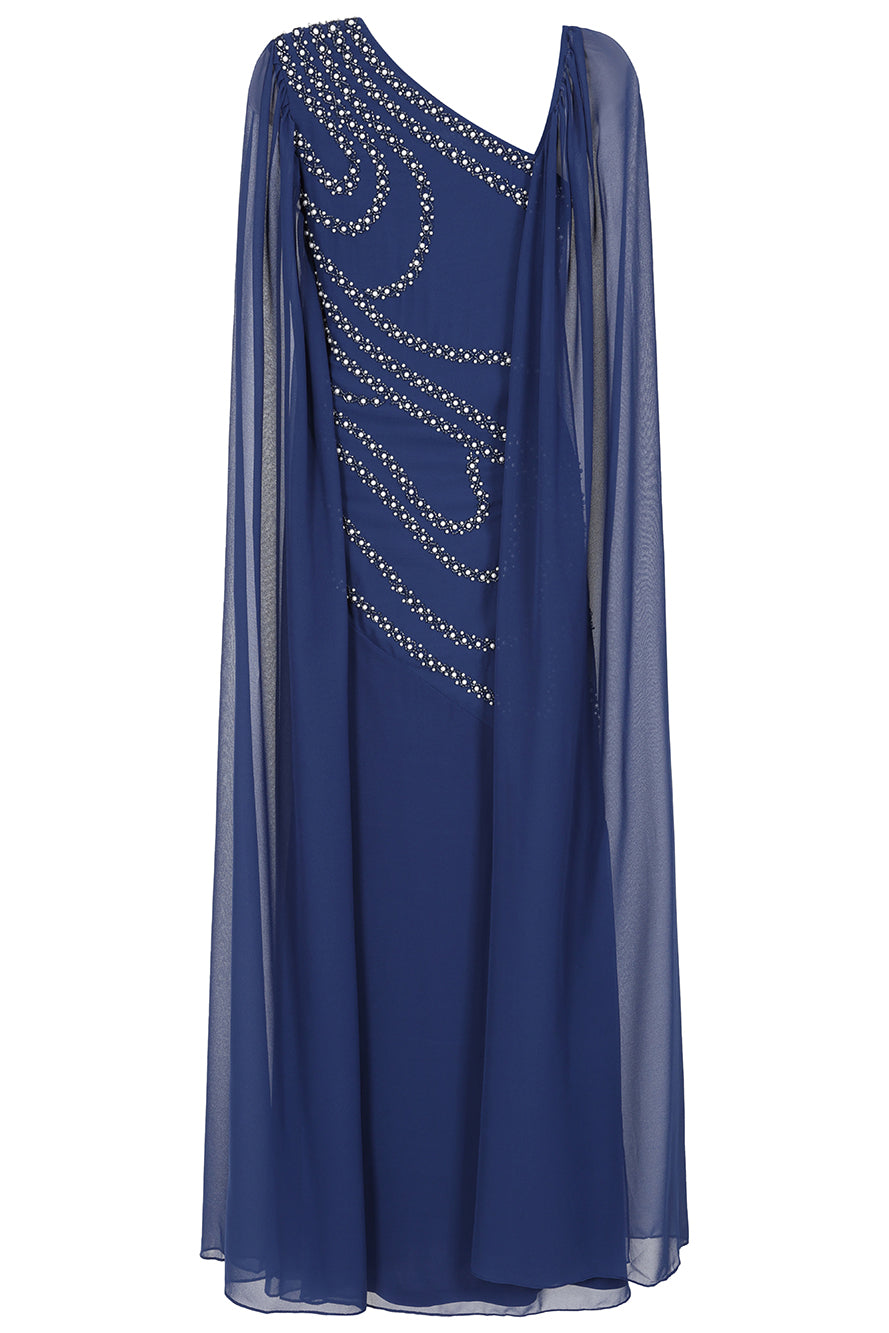 Patricia Navy Embellished Cape Sleeve Maxi Dress 