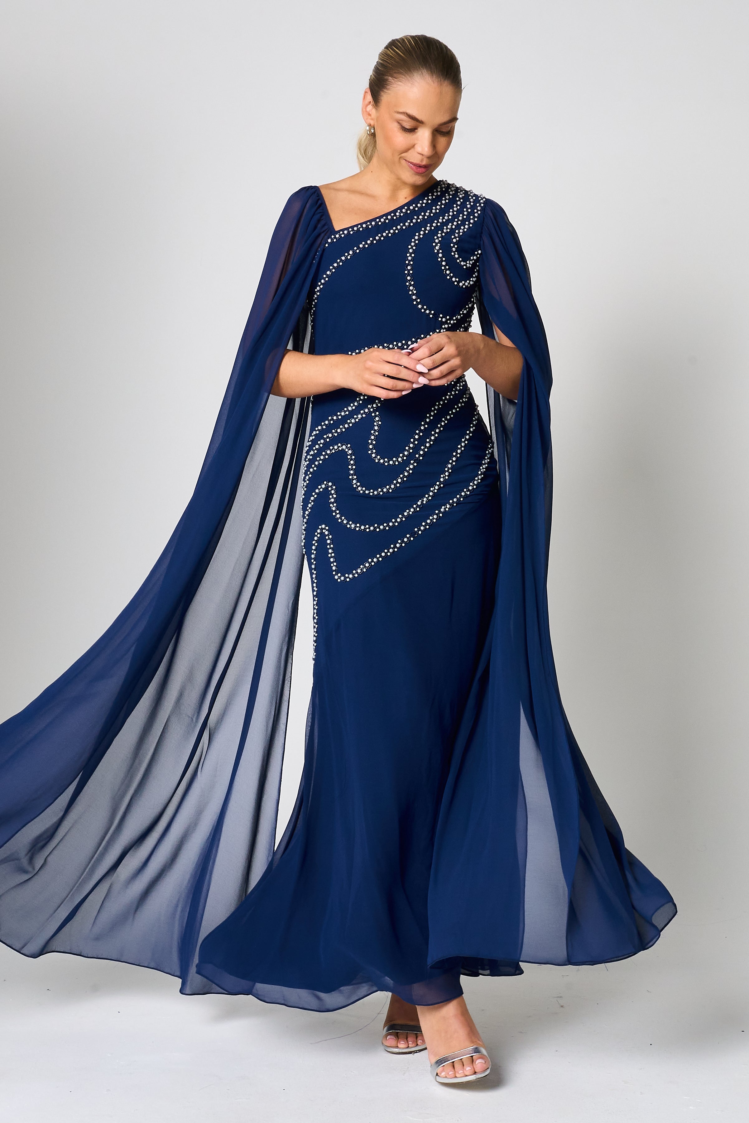 Patricia Navy Embellished Cape Sleeve Maxi Dress – Frock and Frill