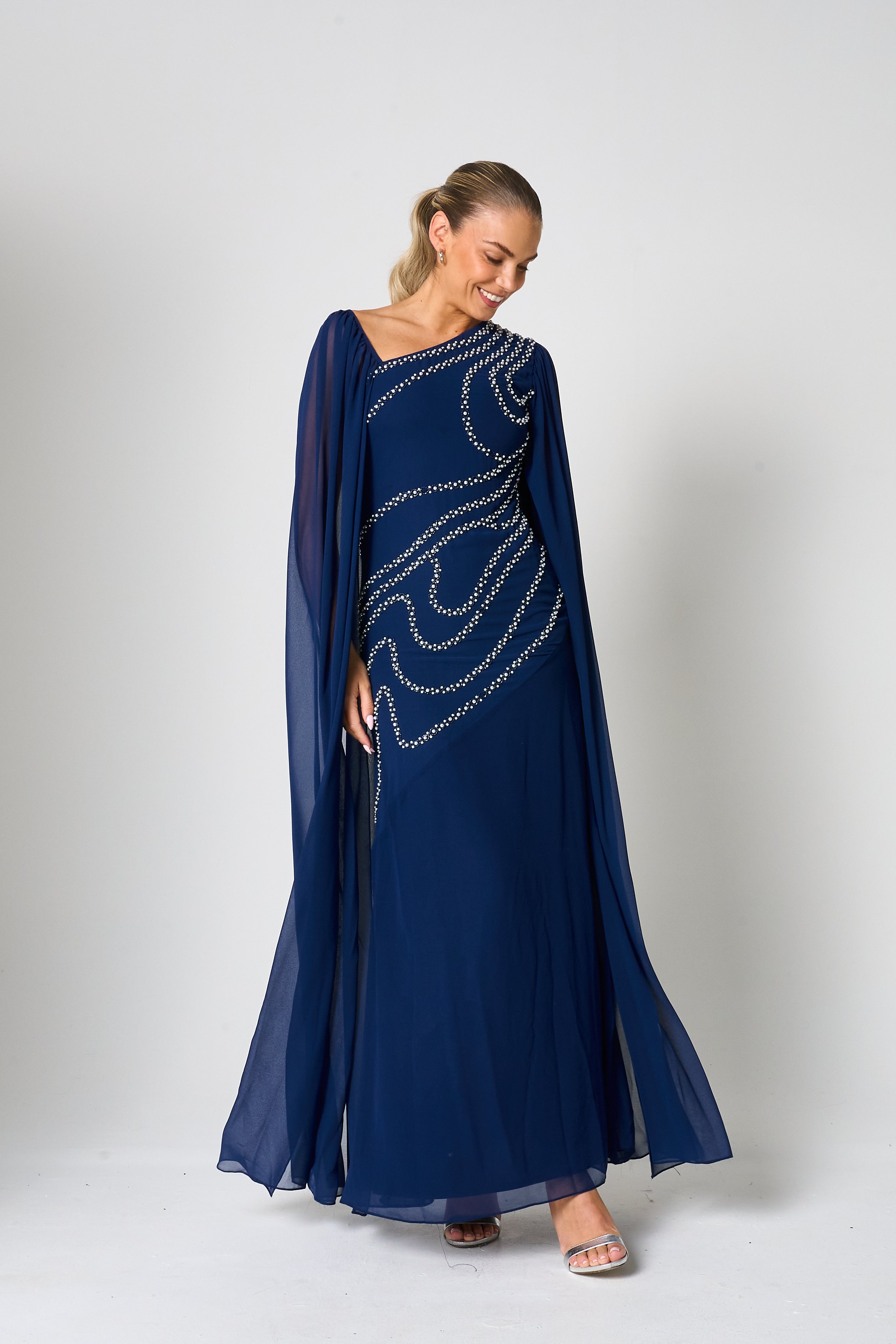 Patricia Navy Embellished Cape Sleeve Maxi Dress 