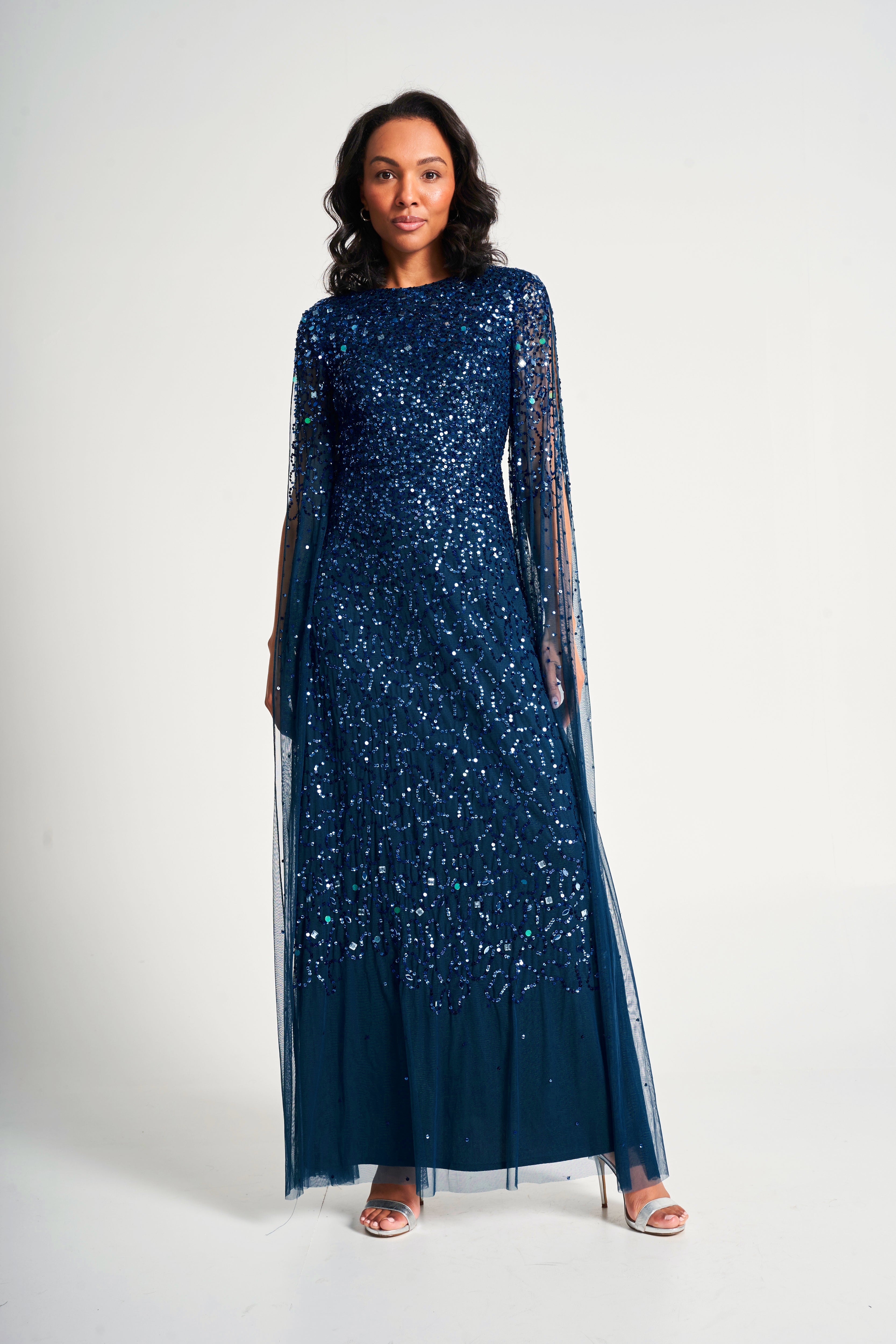 Paulina Deep Teal Sequin Cape Sleeve Maxi Dress 