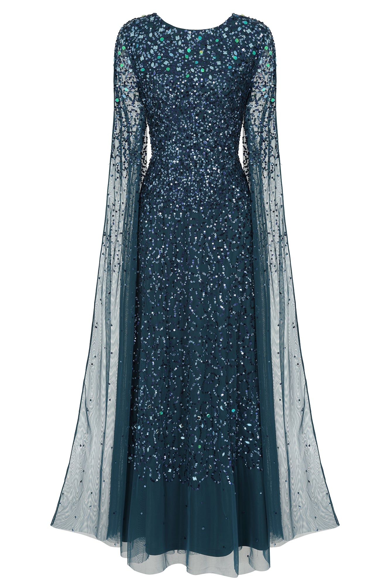 Paulina Deep Teal Sequin Cape Sleeve Maxi Dress 