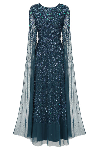 Paulina Deep Teal Sequin Cape Sleeve Maxi Dress 