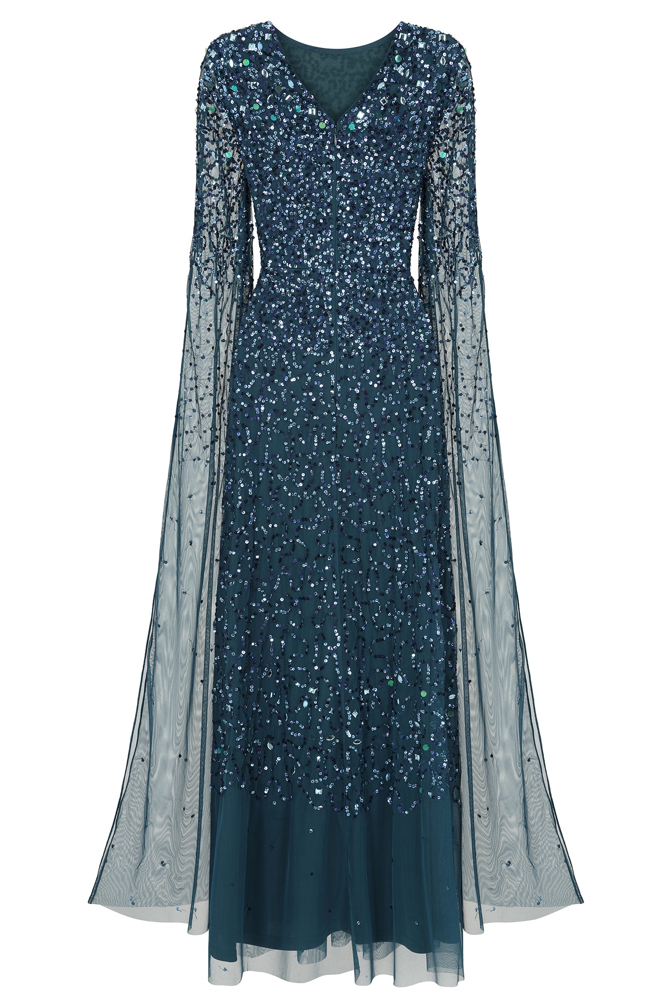 Paulina Deep Teal Sequin Cape Sleeve Maxi Dress 