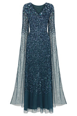 Paulina Deep Teal Sequin Cape Sleeve Maxi Dress 