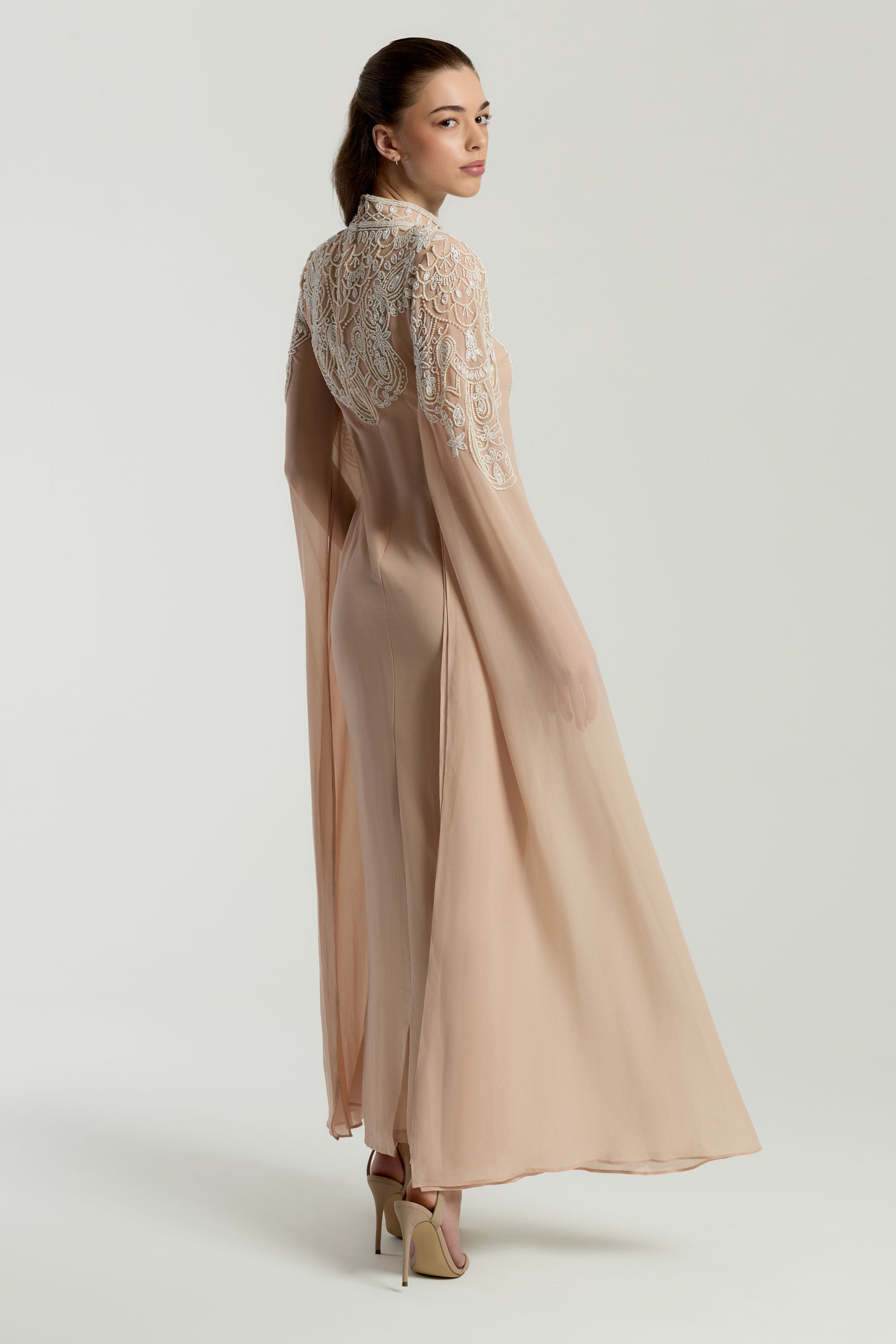 Penelope Blush Embellished Cape Sleeve Maxi Dress Frock and Frill Penelope Blush Embellished Cape Sleeve Maxi Dress Frock and Frill