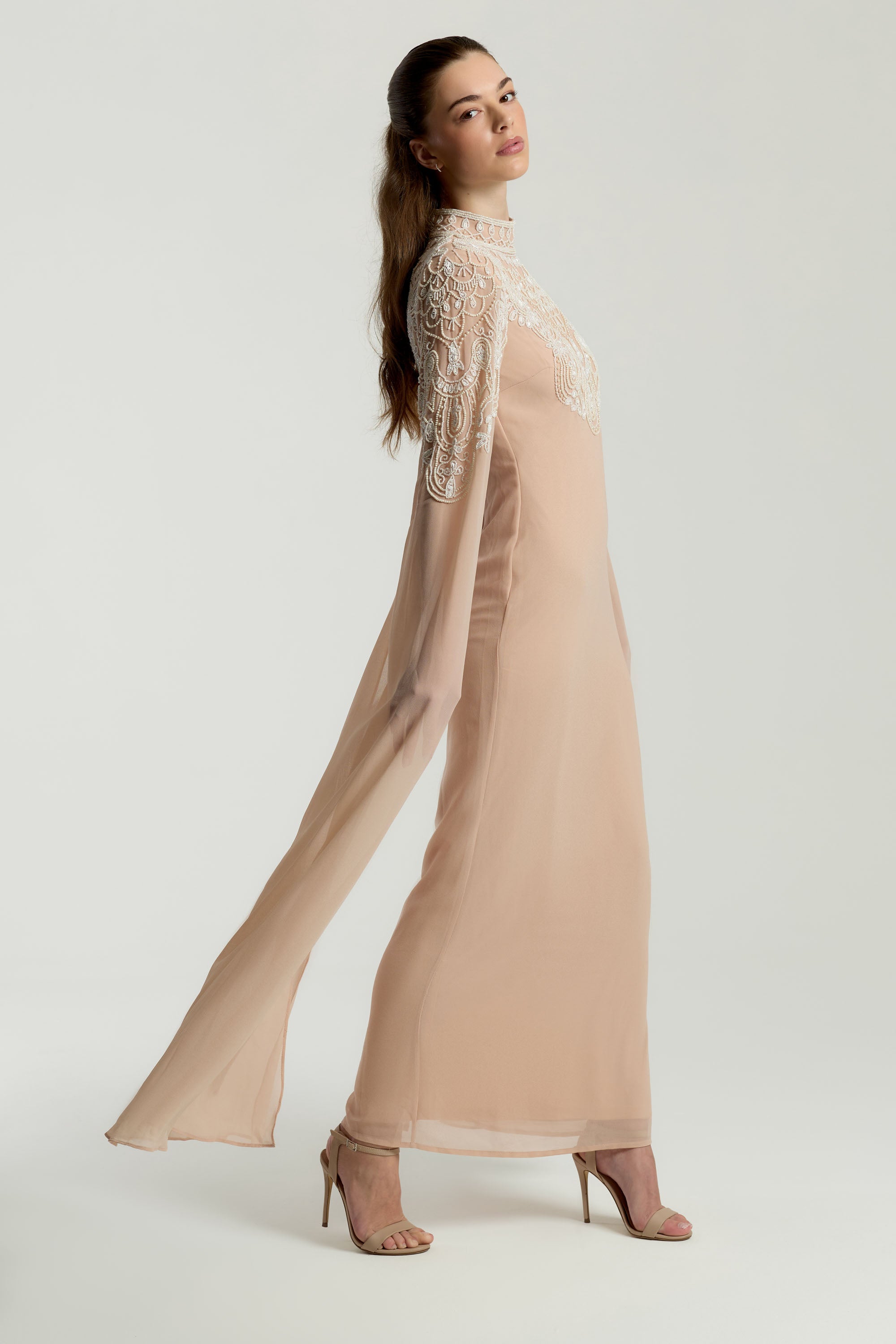 Penelope Blush Embellished Cape Sleeve Maxi Dress Frock and Frill Penelope Blush Embellished Cape Sleeve Maxi Dress Frock and Frill