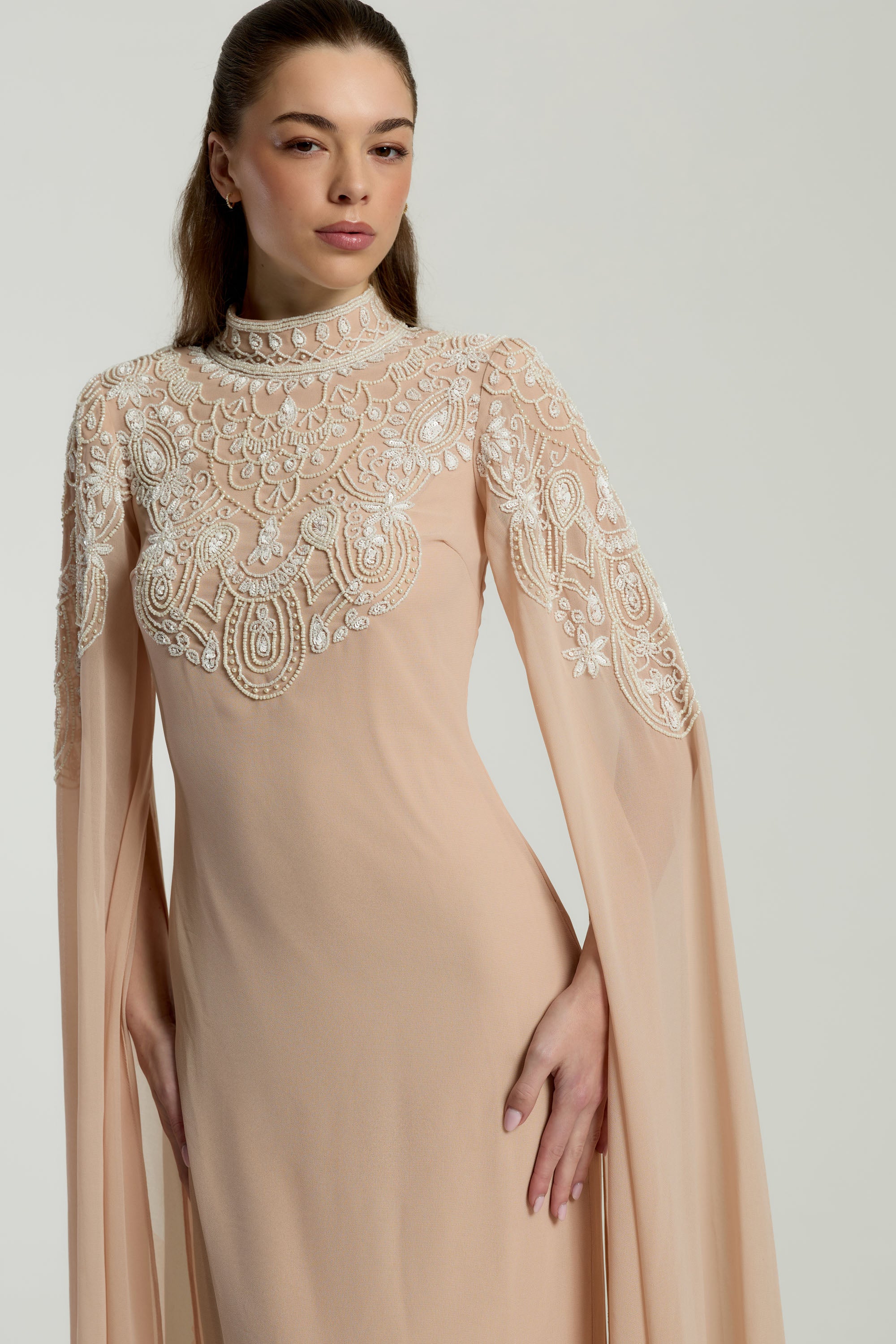 Penelope Blush Embellished Cape Sleeve Maxi Dress Frock and Frill Penelope Blush Embellished Cape Sleeve Maxi Dress Frock and Frill